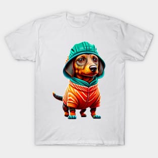 Cozy Charm: Sweet Dachshund in a Soft Salmon Sweater T-Shirt